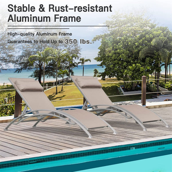 English Elm Outdoor Chaise Lounge Set of 2 Reclining Pool Chairs with Adjustable Headrest, Rustproof Aluminum Frame and Breathable Textilene Fabric for Patio Sunbathing khaki W1859109832