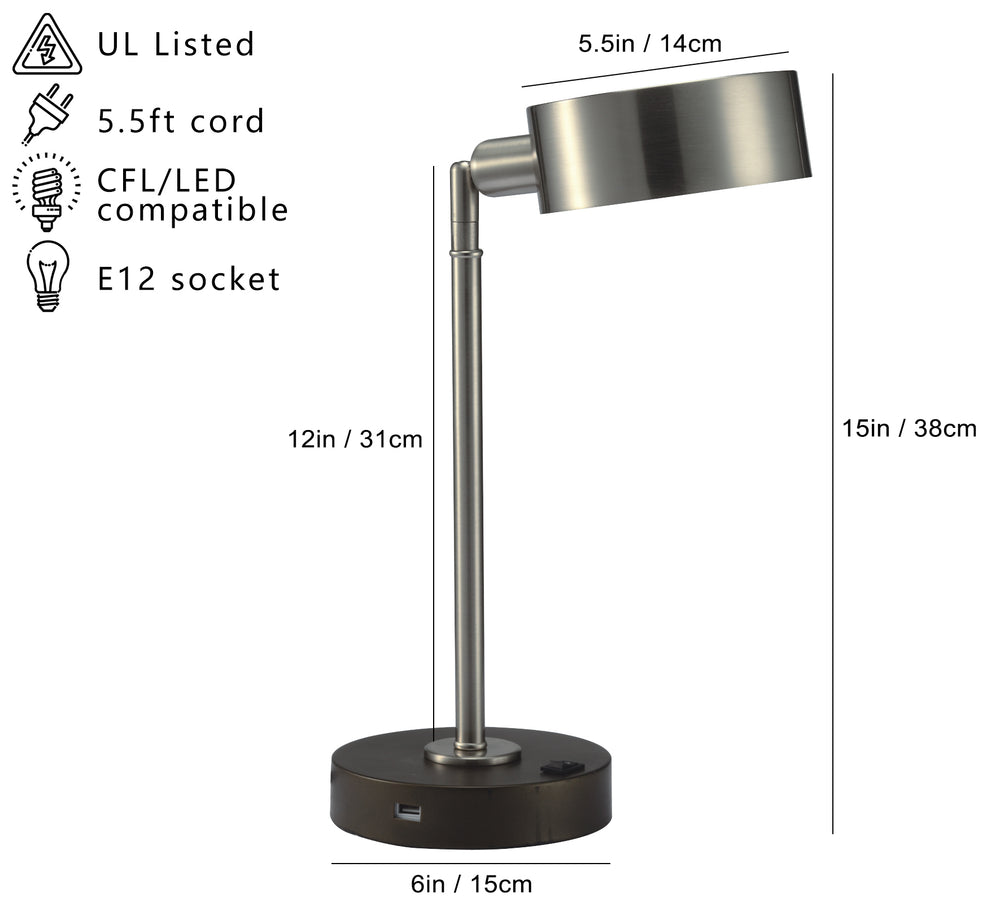 English Elm 15" Brushed Nickel LED Desk Lamp with USB Port, Adjustable 360° Neck, E12 Bulb Included, Energy Efficient B080107011