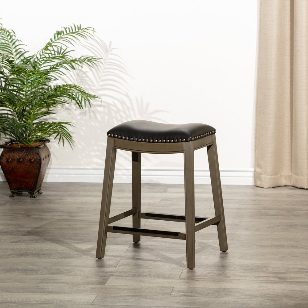 English Elm 24" Counter Height Saddle Stool Weathered Gray with Black Bonded Leather Seat & Nailhead Trim Durable Hardwood Frame B046109806