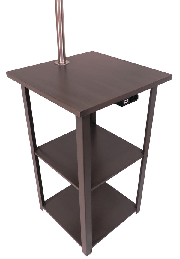 English Elm 58" Brown Mix Squared Sofa Side Table with Lamp, USB & Outlet Charging Station, Espresso Wood Top and Metal Legs B080107037