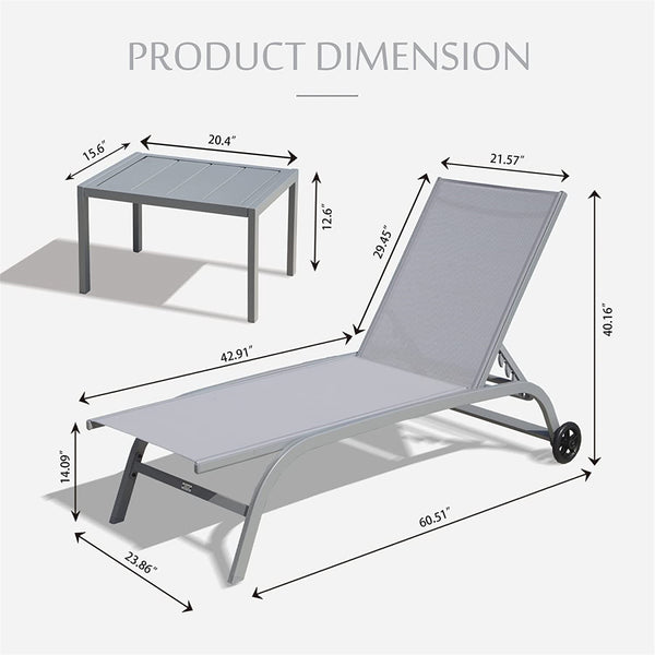 English Elm Chaise Lounge Set Of 3: Stylish Adjustable Outdoor Chairs With Wheels & Table For Poolside Relaxation W1859109851
