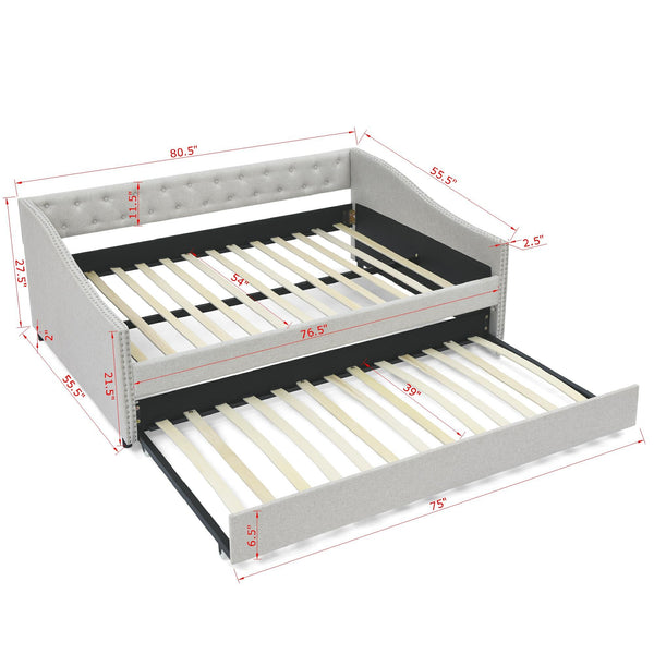 English Elm Full Size Daybed With Twin Trundle - Upholstered Tufted Sofa Bed With Stylish Copper Nailhead Trim W1413S00008