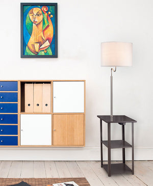 English Elm 58" Brown Mix Squared Sofa Side Table with Lamp, USB & Outlet Charging Station, Espresso Wood Top and Metal Legs B080107037