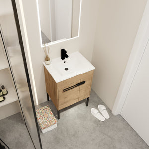 English Elm 24 24 Inch Bathroom Vanity with Ceramic Sink, Freestanding or Wall-Mount, Soft-Close Doors, Storage W999S00076