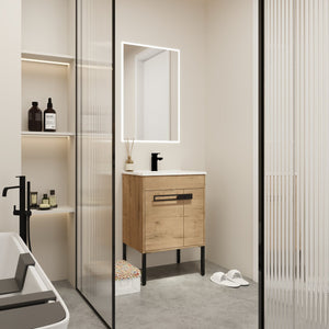 English Elm 24 24 Inch Bathroom Vanity with Ceramic Sink, Freestanding or Wall-Mount, Soft-Close Doors, Storage W999S00076