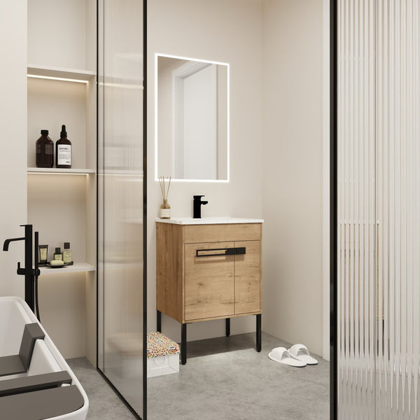 English Elm 24 24 Inch Bathroom Vanity with Ceramic Sink, Freestanding or Wall-Mount, Soft-Close Doors, Storage W999S00076