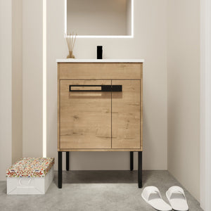 English Elm 24 24 Inch Bathroom Vanity with Ceramic Sink, Freestanding or Wall-Mount, Soft-Close Doors, Storage W999S00076