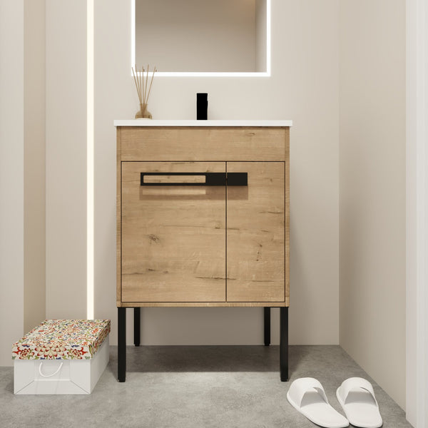 English Elm 24 24 Inch Bathroom Vanity with Ceramic Sink, Freestanding or Wall-Mount, Soft-Close Doors, Storage W999S00076