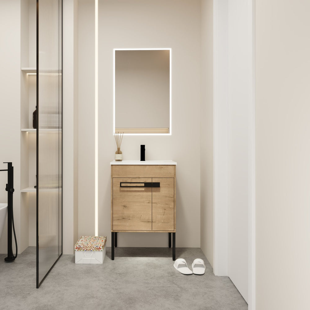 English Elm 24 24 Inch Bathroom Vanity with Ceramic Sink, Freestanding or Wall-Mount, Soft-Close Doors, Storage W999S00076