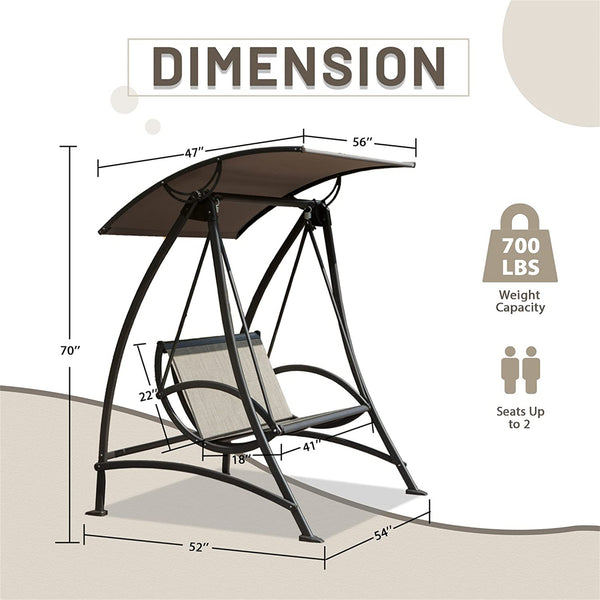 English Elm 2-Seat Patio Swing Chair with Adjustable UV Canopy, Textilene Comfort, Steel Frame, 700lb Capacity W1859110126