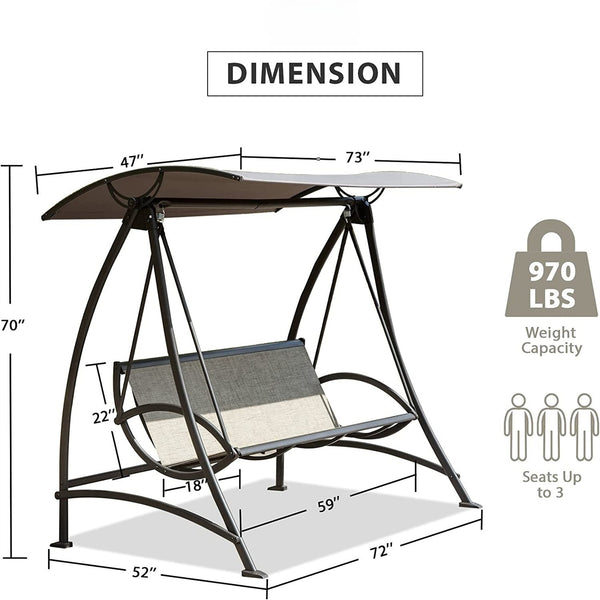 English Elm 3-Seat Patio Swing Chair with Adjustable UV Canopy, Textilene Comfort, Steel Frame & 970lb Capacity W1859110127