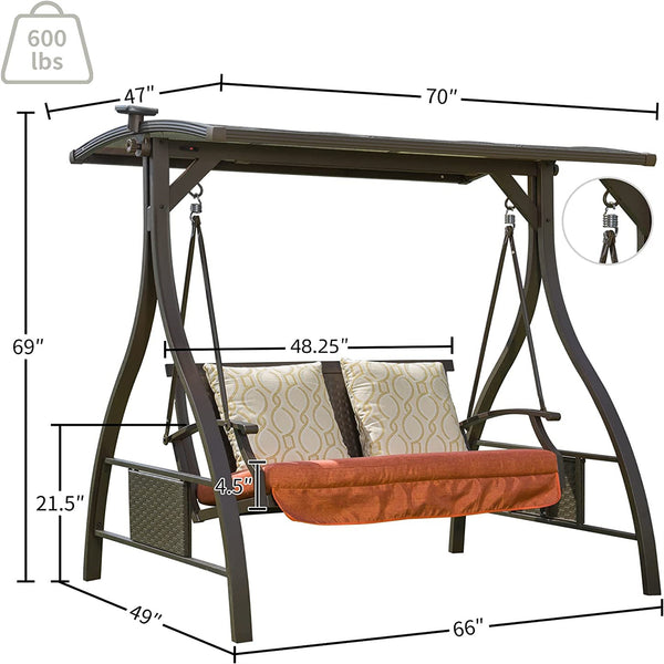 English Elm Patio 2-Person Adjustable Canopy Glider Swing with Solar LED, Weave Metal Back & Removable Cushions W1859110125