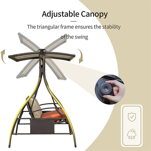 English Elm Patio 2-Person Adjustable Canopy Glider Swing with Solar LED, Weave Metal Back & Removable Cushions W1859110125