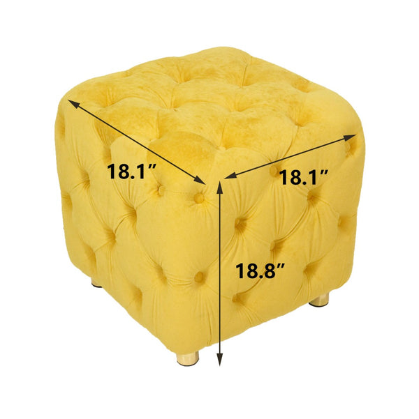 English Elm Beige Velvet Cube Ottoman with Storage Solid Wood Frame Modern Living Room Accent Yellow W1170103516
