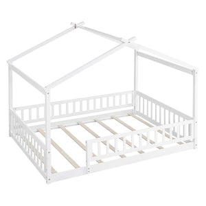 English Elm Full Size Pine Playhouse Bed with Roofline and Fence Rails for Kids Bedroom White WF302177AAK