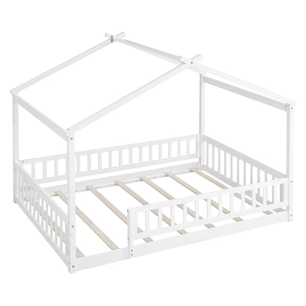 English Elm Full Size Pine Playhouse Bed with Roofline and Fence Rails for Kids Bedroom White WF302177AAK
