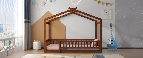 English Elm Twin Solid Pine House Bed Playhouse Frame with Fence Rail for Kids Rooms Walnut WF302176AAL