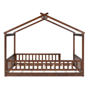 English Elm Full Size Pine Playhouse Bed with Roofline and Fence Rails for Kids Bedroom Walnut WF302177AAL