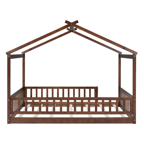 English Elm Full Size Pine Playhouse Bed with Roofline and Fence Rails for Kids Bedroom Walnut WF302177AAL