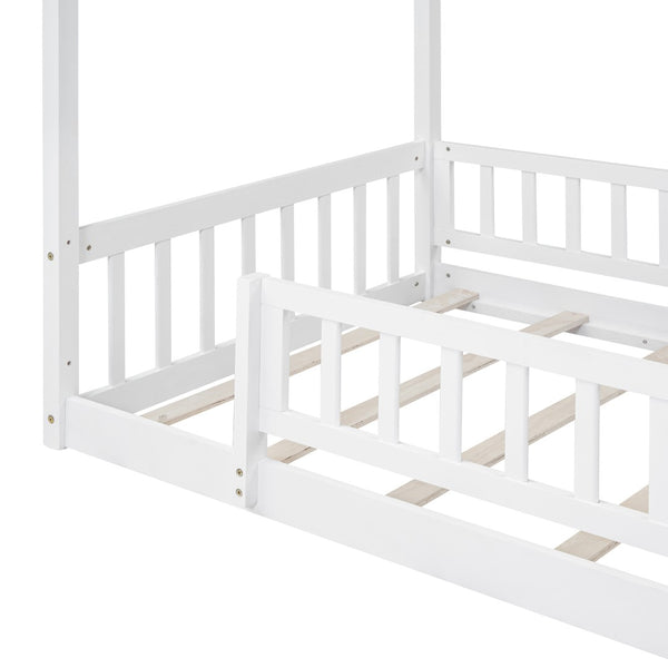 English Elm Twin Solid Pine House Bed Playhouse Frame with Fence Rail for Kids Rooms WF302176AAK