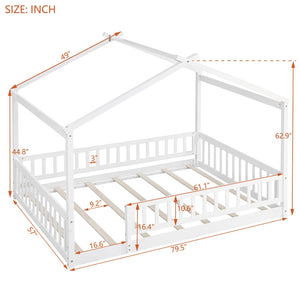 English Elm Full Size Pine Playhouse Bed with Roofline and Fence Rails for Kids Bedroom White WF302177AAK