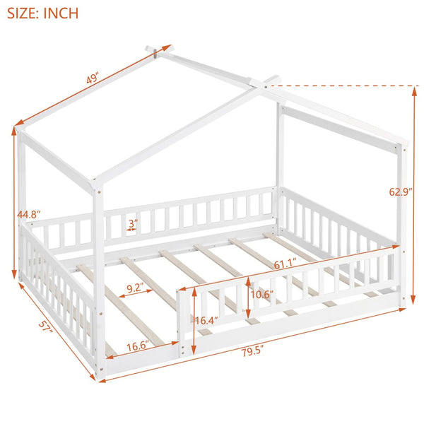 English Elm Full Size Pine Playhouse Bed with Roofline and Fence Rails for Kids Bedroom White WF302177AAK