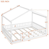Hearth and Haven Full Size Wood Bed House Bed Frame with Fence, For Kids, Teens, Girls, Boys, White WF302177AAK