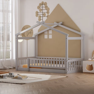 English Elm Twin Solid Pine House Bed Playhouse Frame with Fence Rail for Kids Rooms Gray WF302176AAE