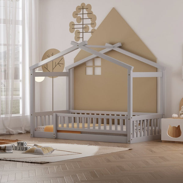 English Elm Twin Solid Pine House Bed Playhouse Frame with Fence Rail for Kids Rooms Gray WF302176AAE