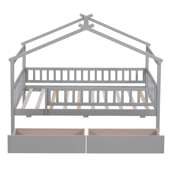 English Elm Twin House Bed Pine Wood Frame with Storage Drawers Kids Bedroom Playful Design Gray WF302181AAE