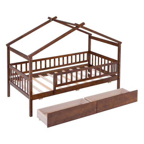 English Elm Twin House Bed Pine Wood Frame with Storage Drawers Kids Bedroom Playful Design Walnut WF302181AAL