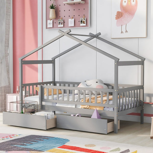 English Elm Twin House Bed Pine Wood Frame with Storage Drawers Kids Bedroom Playful Design Gray WF302181AAE