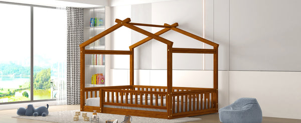 English Elm Full Size Pine Playhouse Bed with Roofline and Fence Rails for Kids Bedroom Walnut WF302177AAL