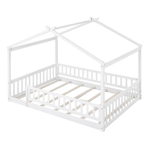 English Elm Full Size Pine Playhouse Bed with Roofline and Fence Rails for Kids Bedroom White WF302177AAK