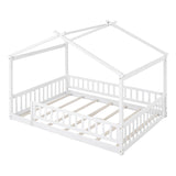 Hearth and Haven Full Size Wood Bed House Bed Frame with Fence, For Kids, Teens, Girls, Boys, White WF302177AAK