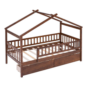 English Elm Twin House Bed Pine Wood Frame with Storage Drawers Kids Bedroom Playful Design Walnut WF302181AAL