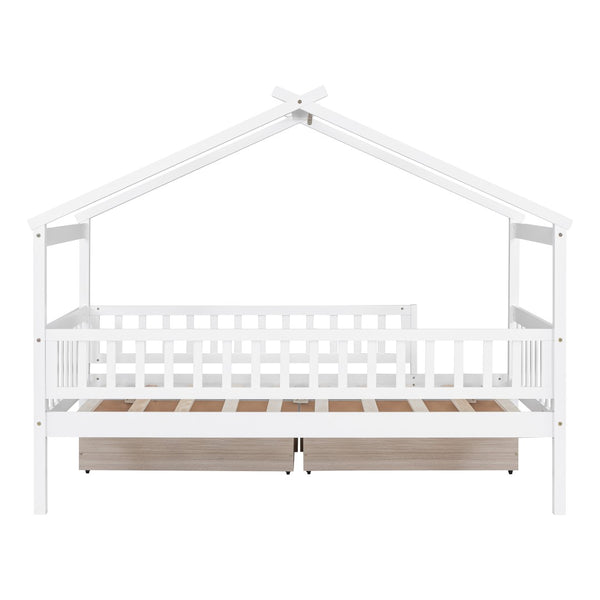 English Elm Twin House Bed Pine Wood Frame with Storage Drawers Kids Bedroom Playful Design WF302181AAK