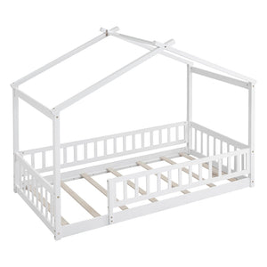 English Elm Twin Solid Pine House Bed Playhouse Frame with Fence Rail for Kids Rooms WF302176AAK