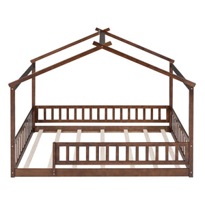 English Elm Full Size Pine Playhouse Bed with Roofline and Fence Rails for Kids Bedroom Walnut WF302177AAL