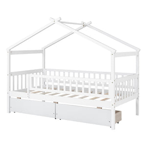 English Elm Twin House Bed Pine Wood Frame with Storage Drawers Kids Bedroom Playful Design WF302181AAK