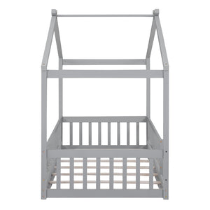 English Elm Twin Solid Pine House Bed Playhouse Frame with Fence Rail for Kids Rooms Gray WF302176AAE