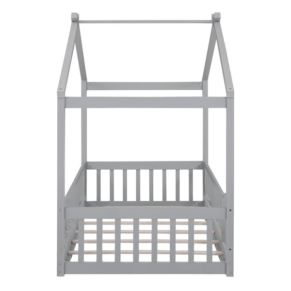English Elm Twin Solid Pine House Bed Playhouse Frame with Fence Rail for Kids Rooms Gray WF302176AAE