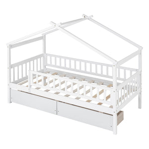 English Elm Twin House Bed Pine Wood Frame with Storage Drawers Kids Bedroom Playful Design WF302181AAK