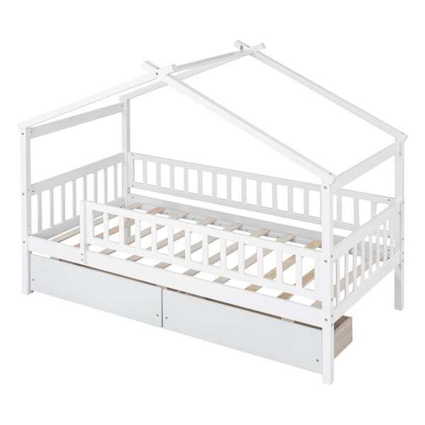 English Elm Twin House Bed Pine Wood Frame with Storage Drawers Kids Bedroom Playful Design WF302181AAK