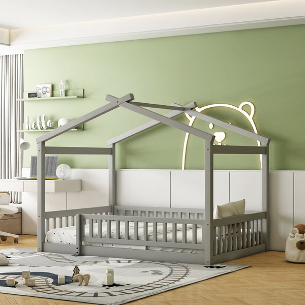 English Elm Full Size Pine Playhouse Bed with Roofline and Fence Rails for Kids Bedroom Gray WF302177AAE