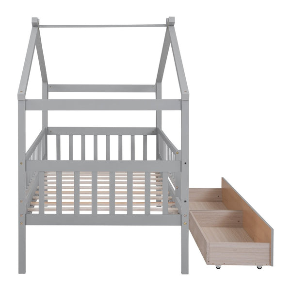 English Elm Twin House Bed Pine Wood Frame with Storage Drawers Kids Bedroom Playful Design Gray WF302181AAE