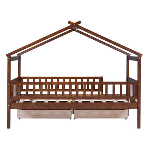 English Elm Twin House Bed Pine Wood Frame with Storage Drawers Kids Bedroom Playful Design Walnut WF302181AAL