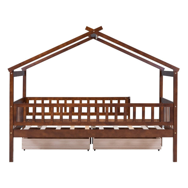 English Elm Twin House Bed Pine Wood Frame with Storage Drawers Kids Bedroom Playful Design Walnut WF302181AAL