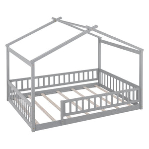 English Elm Full Size Pine Playhouse Bed with Roofline and Fence Rails for Kids Bedroom Gray WF302177AAE