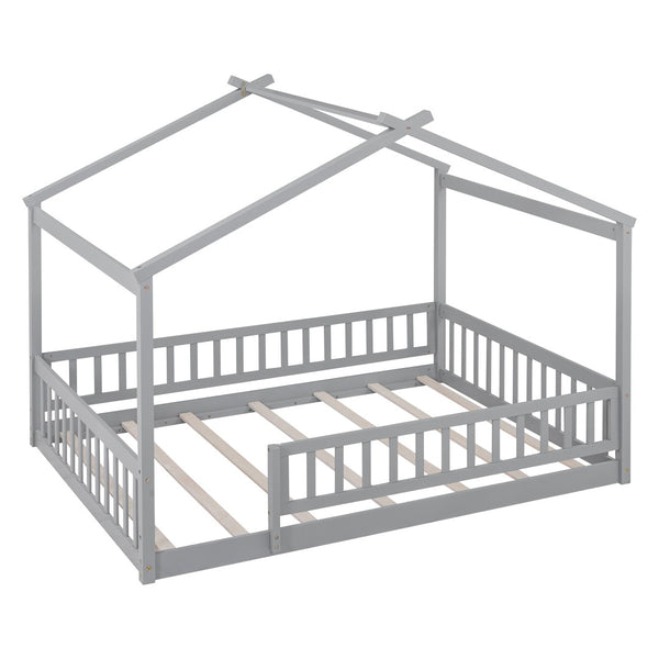English Elm Full Size Pine Playhouse Bed with Roofline and Fence Rails for Kids Bedroom Gray WF302177AAE